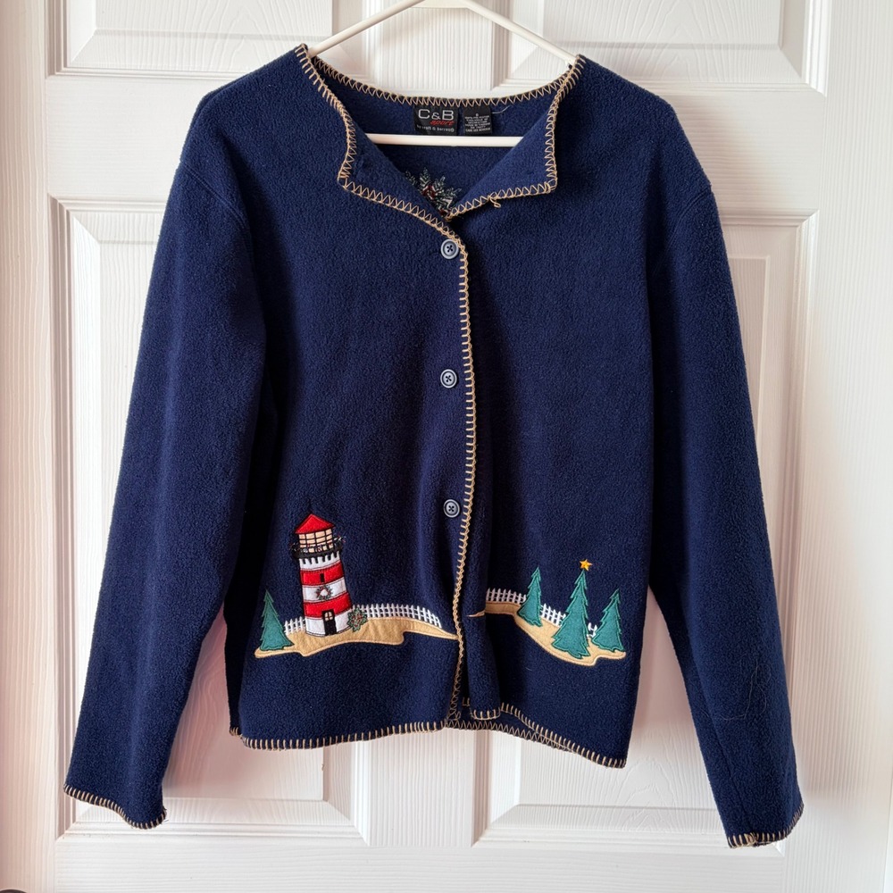 Croft & Barrow C&B Sport Navy Fleece Lighthouse Christmas Cardigan Small‎